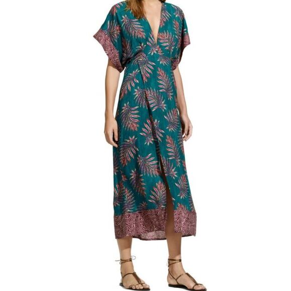 VIX Paula Hermanny Dione Caftan Coverup Faux Wrap Leaves Green Small NWOT - Picture 1 of 6